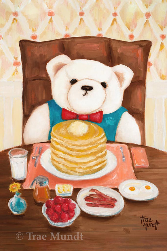 Wilbur - Cream Bear Getting Ready to Eat his Big Stack of Pancakes and all the fixins at his Favorite Pancake House - Fine Art Print - Bearie Blvd. Bears® by Trae Mundt.