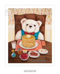 Wilbur, cream colored bear art print by Trae Mundt. Bearie Blvd. Bears ™. Cream-White bear with red bow tie having pancakes with butter and bacon and berrie