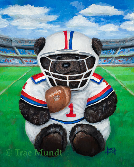 Willy, bear art print by Trae Mundt. Bearie Blvd. Bears ™. Dark brown bear wearing red white and blue football uniform holding football while sitting on football field in stadium.
