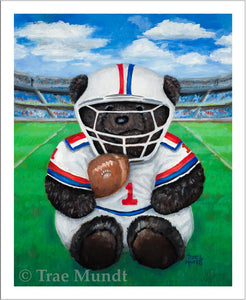Willy, bear art print by Trae Mundt. Bearie Blvd. Bears ™. Dark brown bear wearing red white and blue football uniform holding football while sitting on football field in stadium.