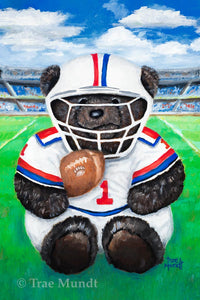 Willy - Dark Brown Bear wearing Red White and Blue Football Uniform Holding Football Sitting on Football Field - Fine Art Print - Bearie Blvd. Bears® by Trae Mundt.