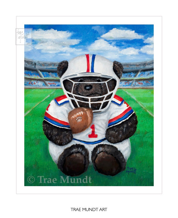 Willy, bear art print by Trae Mundt. Bearie Blvd. Bears ™. Dark brown bear wearing red white and blue football uniform holding football while sitting on football field in stadium