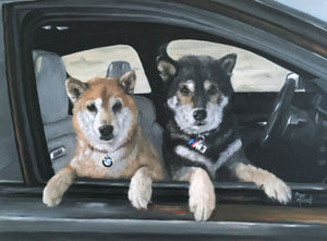Kaede & Yoshi - Shiba Inus Sitting in BMW - Oil Painting on Canvas by Trae Mundt