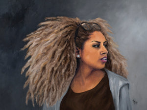 Aitiana oil painting by artist Trae Mundt. Portrait of latina woman with dreadlock light brown blonde hair wearing black sunglasses on her head and diamond stud earring and grey jacket with brown satin shirt, gray background.