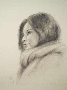Pencil Portrait of Brunette latino woman wearing scarf by Artist Trae Mundt. Drawn while on a cruise to Cozumel.