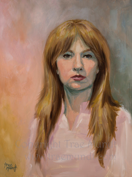 Beauty by Trae Mundt. Oil Painting portrait of woman with long red blonde hair wearing pink blouse. background colors pink, gold and blues.