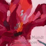 Close up picture of Cerise oil painting by artist Trae Mundt. Rich red oleander flowers with thin gray green stems with background of geometric shapes in shades of pink. 