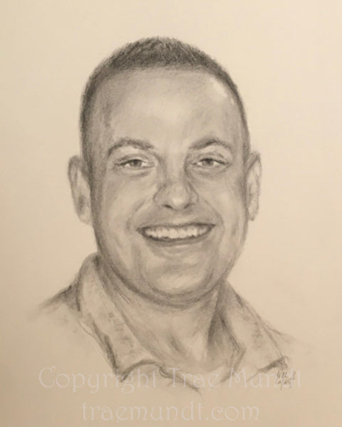 Head and shoulder pencil portrait of detective chad parque of the north las vegas police officer's association. Artist Trae Mundt.