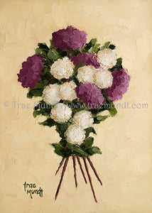 Crisscross oil painting by artist Trae Mundt. White and purple magenta ball flowers arranged to have stems crisscross. Yellow beige  background.