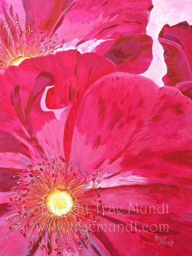 Diva Pink Acrylic Painting by Artist Trae Mundt. Two Large Pink flowers cropped flowers with bright yellow centers. Light pink background