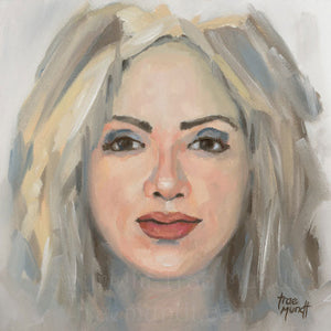 Drawing Nearer by Trae Mundt . Oil Painting Portrait of blonde woman with large red lips and piercing brown eyes. Blonde hair painted with shades of yellow, pale blue and taupe.
