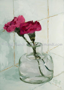 Duet - oil painting by artist Trae Mundt. Two red pink carnations in glass miniature vase white tile light green and white hues.