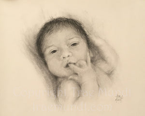 Ethan by artist Trae Mundt. Portrait drawing charcoal and pencil of baby boy with dark hair with finger in mouth.