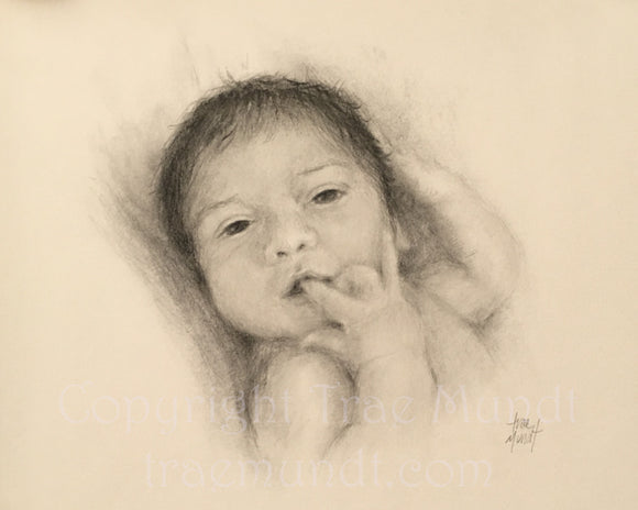 Ethan by artist Trae Mundt. Portrait drawing charcoal and pencil of baby boy with dark hair with finger in mouth.