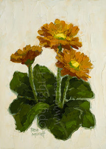 Faith, Hope, Charity is an oil painting by artist Trae Mundt. Three yellow-orange daisies atop green leaves with a yellow cream textured background. . Entire painting painted with a palette knife. Walnut finish frame.