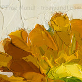 Close up picture of Faith, Hope, Charity is an oil painting by artist Trae Mundt. Three yellow-orange daisies atop green leaves with a yellow cream textured background. . Entire painting painted with a palette knife.