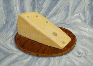 Forward oil painting of wedge of swiss cheese by artist Trae Mundt. Yellow cheese with holes sitting atop a brown oval shaped mahogany cheese board with slate gray white and light blue drapery background.