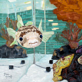 Franky - oil painting by artist Trae Mundt. Franky is a porcupine puffer fish. Fish is painted in shades of brown and taupe with black & navy large eyes. Aquarium has artificial rust colored coral islands with rust colored archways and white and grey and purple saltwater crushed rock. Background is painted with stripes of varying colors of teal green. Large black rocks are on bottom of aquarium. 