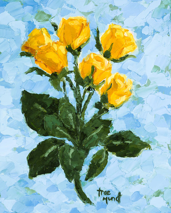 Goldies oil painting by artist Trae Mundt. Six yellow roses with beautiful green leaves and stems. Painted with a background of blues and greens and teal. Palette knife painting.