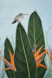Harold Hummingbird Painting in Oil by artist Trae Mundt. Portrait of Hummingbird sitting on large bird of paradise plant leaf. Background light blue.