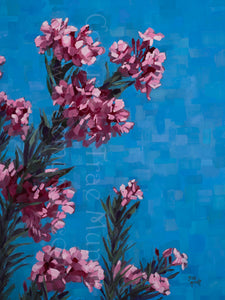 Hopeful - Oil Painting by artist Trae Mundt. Pink Oleander Flowers reaching up to the sky with geometric background shades of blue.