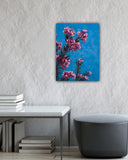 Hopeful - Oil Painting by artist Trae Mundt. Pink Oleander Flowers reaching up to the sky with geometric background shades of blue.