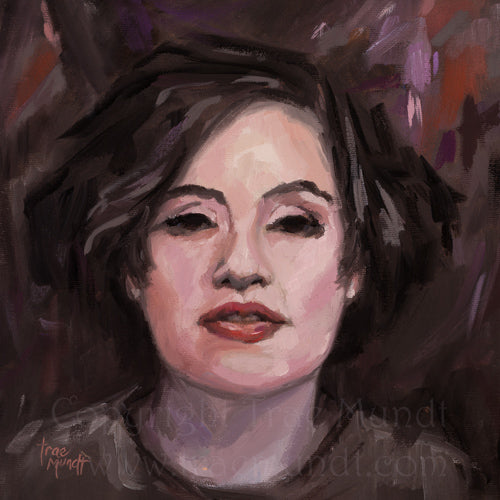 In the Moment Oil Painting by artist Trae Mundt. Portrait of latino woman with short bob cut brunette with big brown eyes. Paintied in shades of brown, mauve, burgundy, orange, purple and pink.