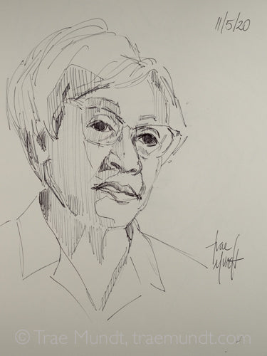 Ballpoint pen portrait drawing of short haired senior african american lady wearing glasses. Portrait by artist Trae Mundt. 