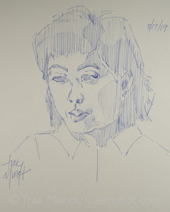 Ballpoint pen portrait drawing of asian womans with short dark hair by artist Trae Mundt.
