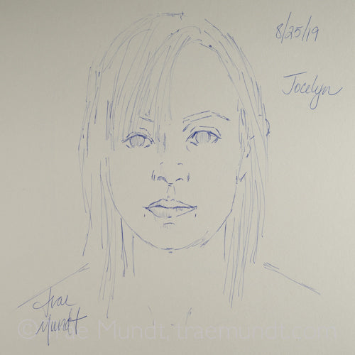 Jocelyn minimalist ballpoint pen portrait by artist Trae Mundt.