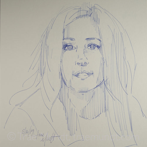 Minimalist Ballpoint pen drawing by artist Trae Mundt. Portrait drawing of Beautiful woman with long blond hair.