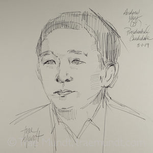 Ballpoint pen portrait of Andew Yang in 2019 by artist Trae Mundt.