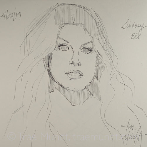 Portrait of Blonde Lindsay Ell by artist Trae Mundt. Head and shoulders ballpoint pen drawing.