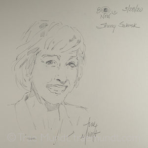 Ballpoint pen portrait of Sherry Swensk 8 news now morning and noon weather anchor in Las Vegas Nevada. Trae Mundt artist. 