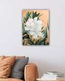 Peaceful oil painting by artist Trae Mundt. While oleander blooms complemented by leaves in tones of blue, green and black. Orange geometric background.