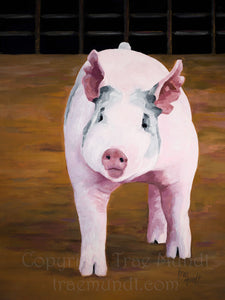 Pretty and Pink - Pink Pig Standing in a Show Ring Oil Painting by Artist Trae Mundt.