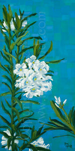 Promises oil painting by artist Trae Mundt. White oleander flowers painted with a patterened background in shades of blue, green purple and turquoise.