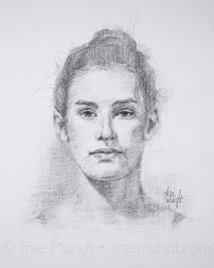 Ready, Set, Go... graphite portrait of young woman with her hair in a bun by artist Trae Mundt.