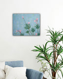 Sidewalk Splendor oil painting by artist Trae Mundt. Light pink budding oleanders highlighted by a background of soft blues, greens and pink pastels. 