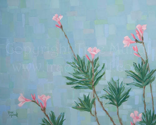 Sidewalk Splendor oil painting by artist Trae Mundt. Light pink budding oleanders highlighted by a background of soft blues, greens and pink pastels. 