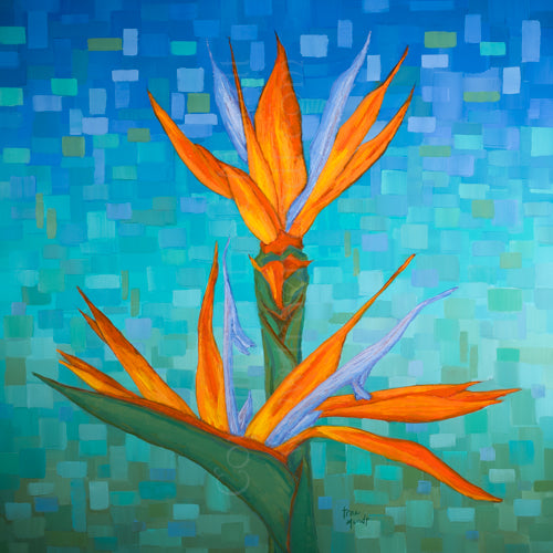 Simpatico oil painting by artist Trae Mundt. Two bird of paradise flowers painted in shades of orange, blue and purple with a geometric background painted in shades of green, blue and aqua.