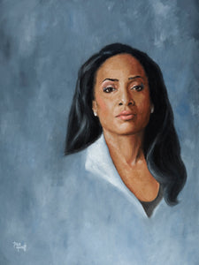 Taylor portrait oil painting by artist Trae Mundt. Black african american woman with long straight black hair with gray background.