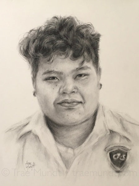 Theresa - pencil portrait by artist Trae Mundt. Philippino woman with short curly haircut wearing a uniform. 