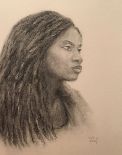 Pencil and Charcoal portrait of african american black woman long hair with dreadlocks gazing and waiting by artist Trae Mundt